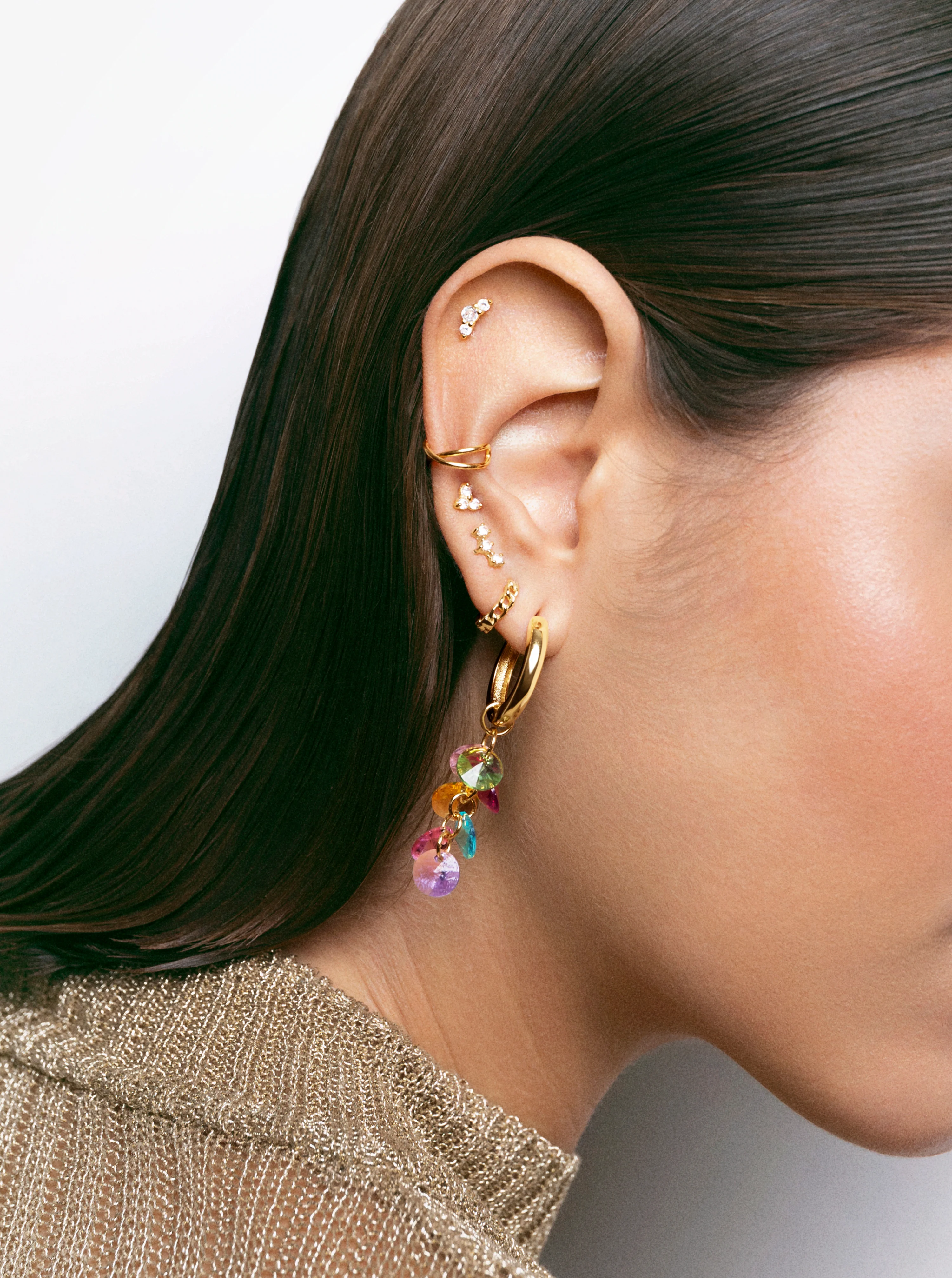 Pendiente Suelto Ear Cuff Cross Plata Baño Oro - Image 4